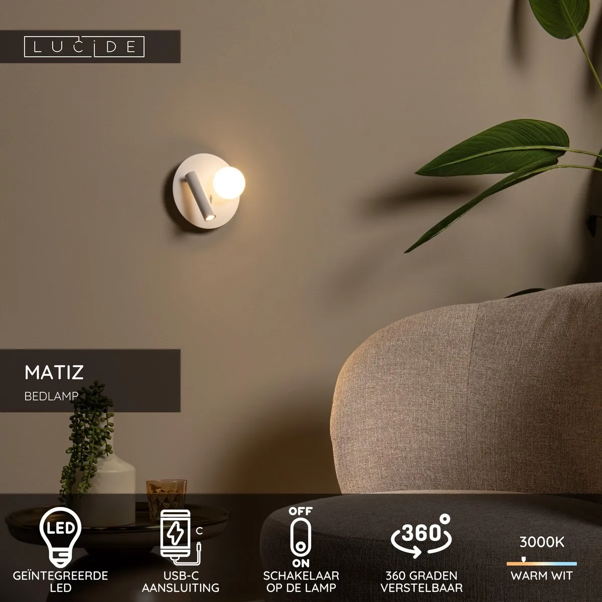 Lucide Matiz Bedlamp/Wandlamp Ø16,5cm - 3000K - USB Oplaadpunt - Wit