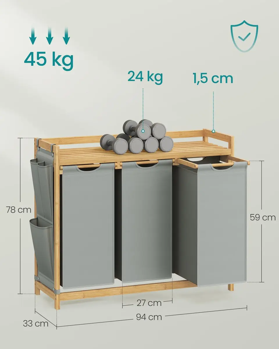 Songmics RLH115G01 Wasmand met 3 Vakken 150L - Bamboe