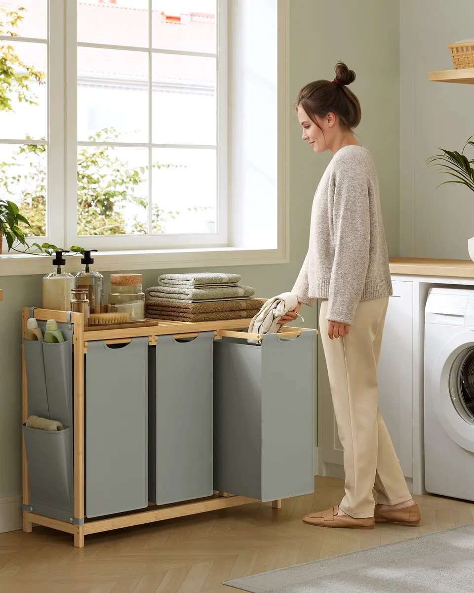 Songmics RLH115G01 Wasmand met 3 Vakken 150L - Bamboe