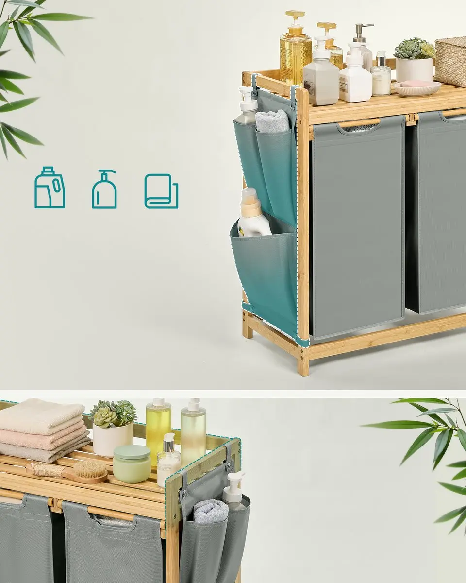 Songmics RLH115G01 Wasmand met 3 Vakken 150L - Bamboe