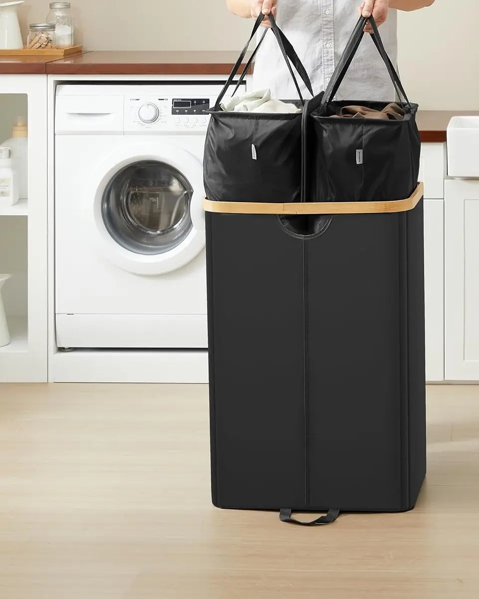 Songmics Wasmand 150L - 2 Vakken - Zwart/Beige
