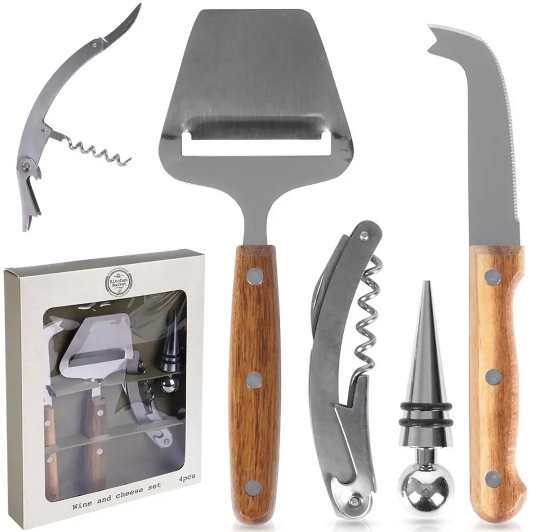 Excellent Houseware Wijn- en Kaasaccessoireset 4-delig - Roestvrij staal/Hout