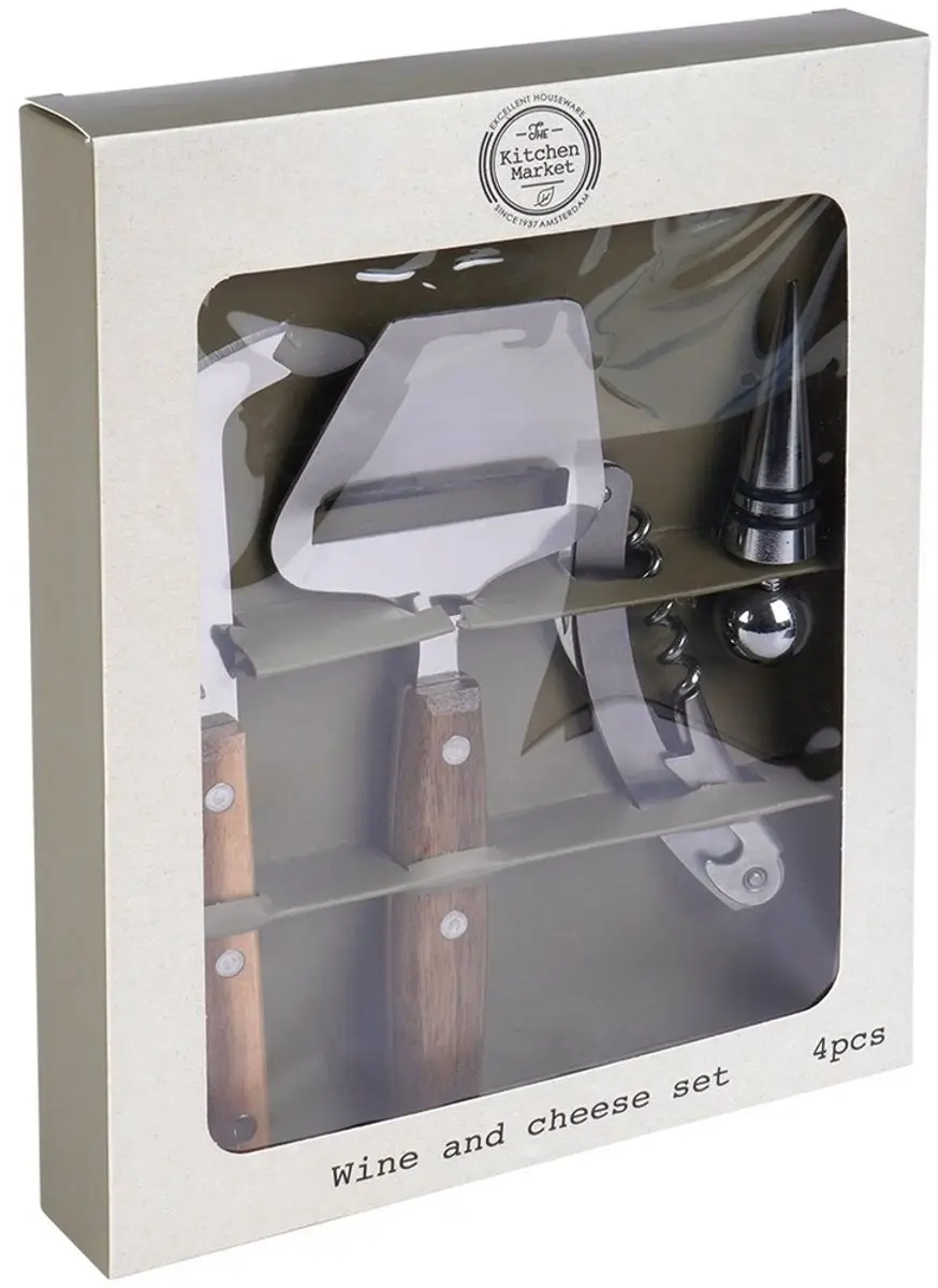 Excellent Houseware Wijn- en Kaasaccessoireset 4-delig - Roestvrij staal/Hout