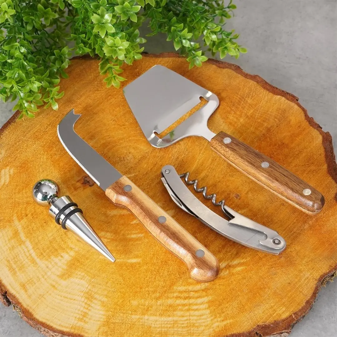Excellent Houseware Wijn- en Kaasaccessoireset 4-delig - Roestvrij staal/Hout