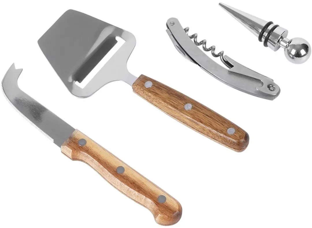 Excellent Houseware Wijn- en Kaasaccessoireset 4-delig - Roestvrij staal/Hout - afbeelding 6 van 6