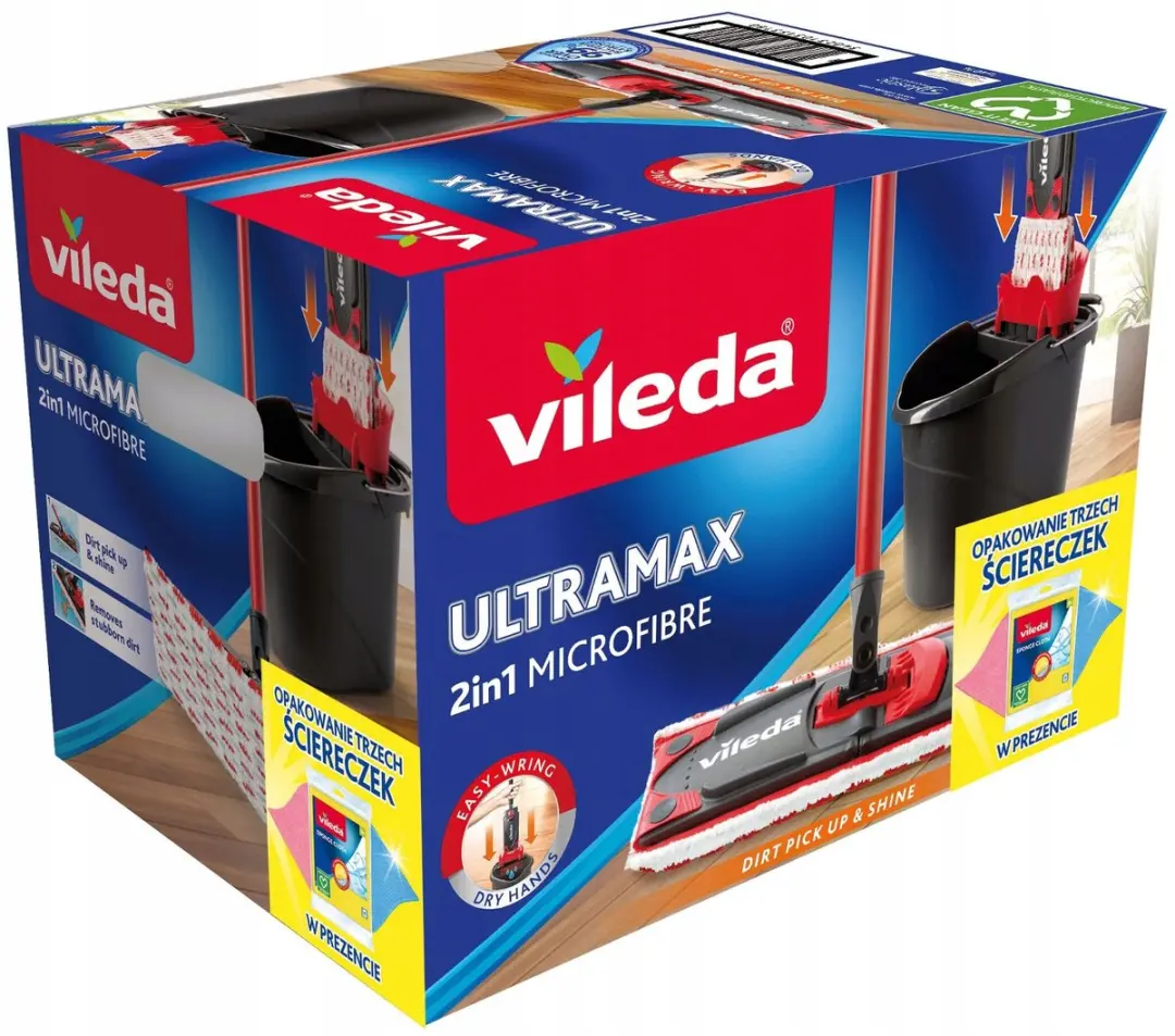 Vileda Ultramax Vlakmopset - 3 Doeken + Emmer - Zwart/Rood