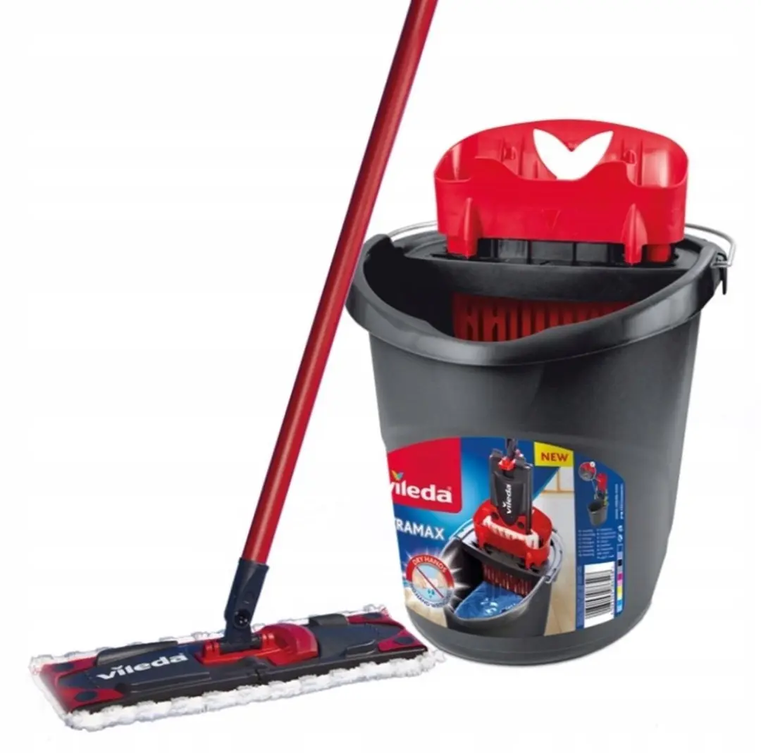 Vileda Ultramax Vlakmopset - 3 Doeken + Emmer - Zwart/Rood