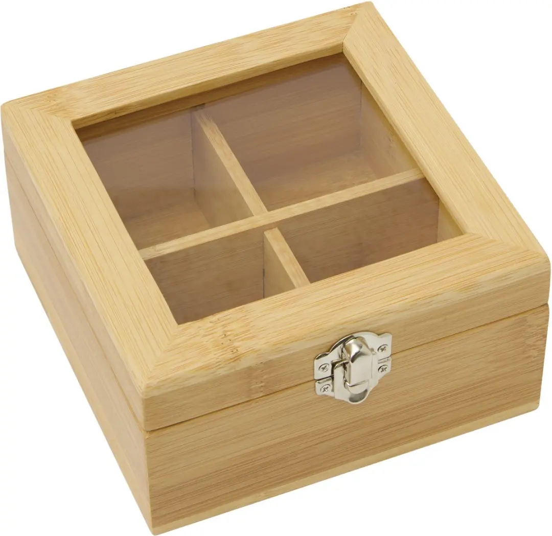 Bellatio Design Theedoos 4-vaks - 2 Stuks - Bamboe - 14x14cm