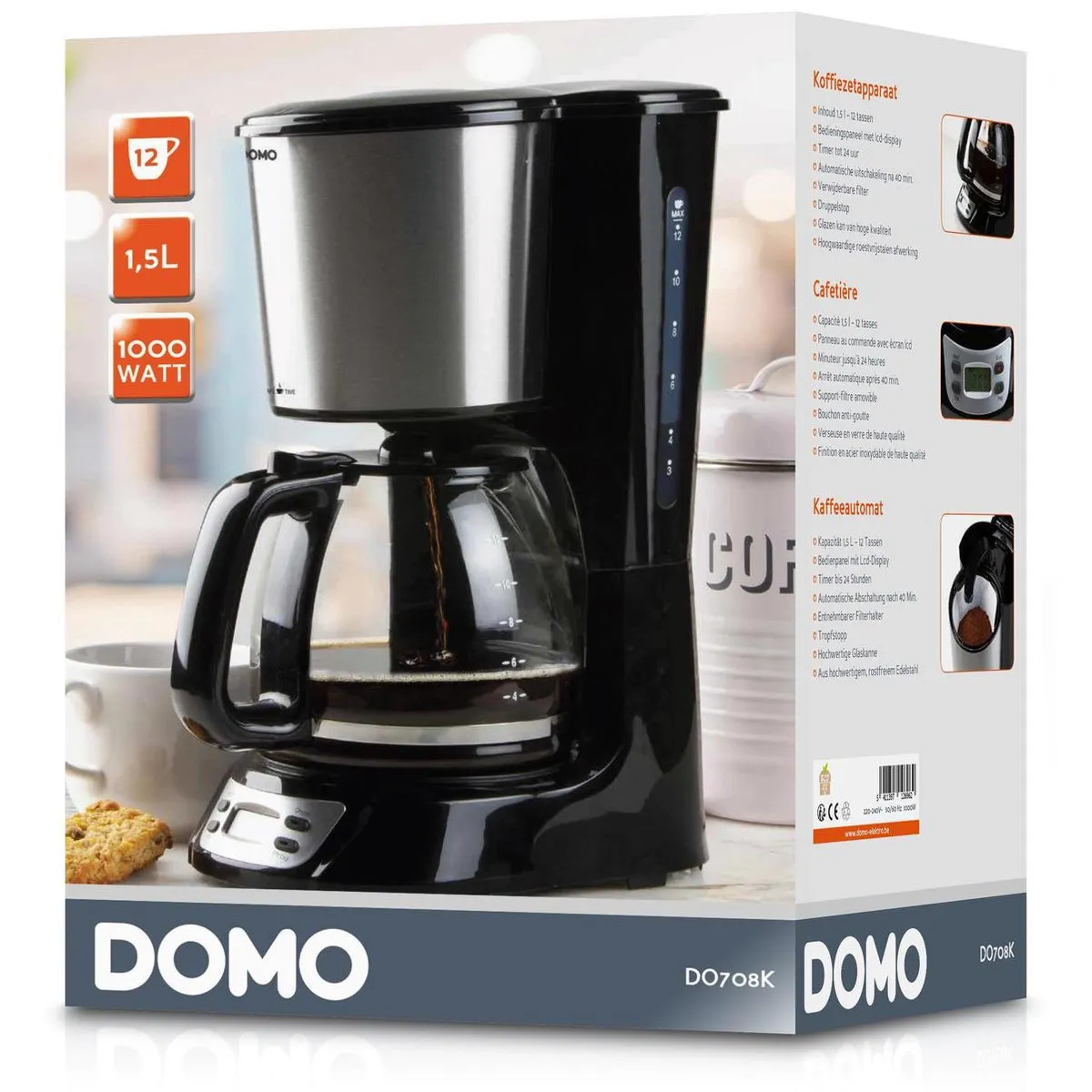 Domo DO708K Koffiezetapparaat 1,5L - 12 Kopjes - Zwart
