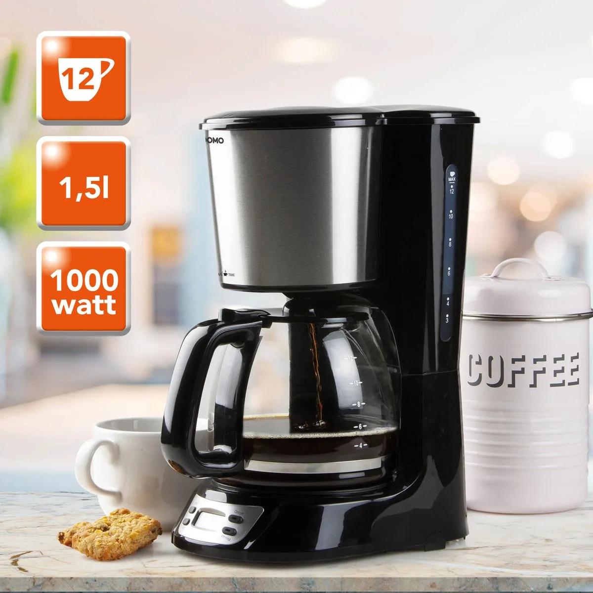 Domo DO708K Koffiezetapparaat 1,5L - 12 Kopjes - Zwart