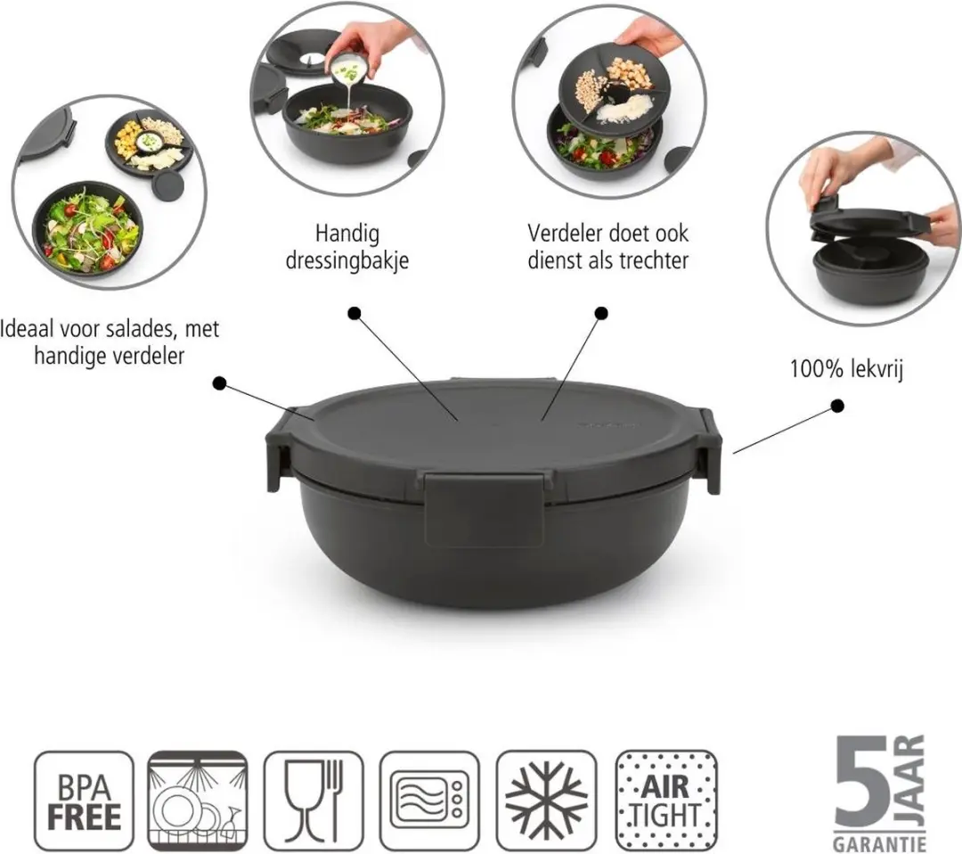 Brabantia Make & Take Salade Lunchbox 1,3L - 4-delig - Dark Grey