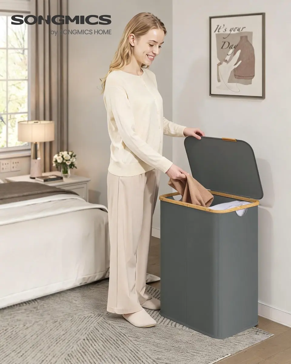 Songmics Wasmand met Deksel 140L - 2 Compartimenten - Opvouwbaar