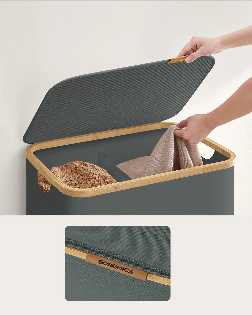 Songmics Wasmand met Deksel 140L - 2 Compartimenten - Opvouwbaar