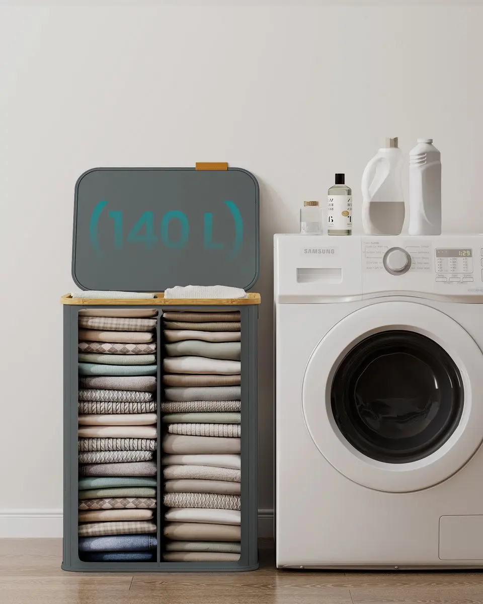 Songmics Wasmand met Deksel 140L - 2 Compartimenten - Opvouwbaar