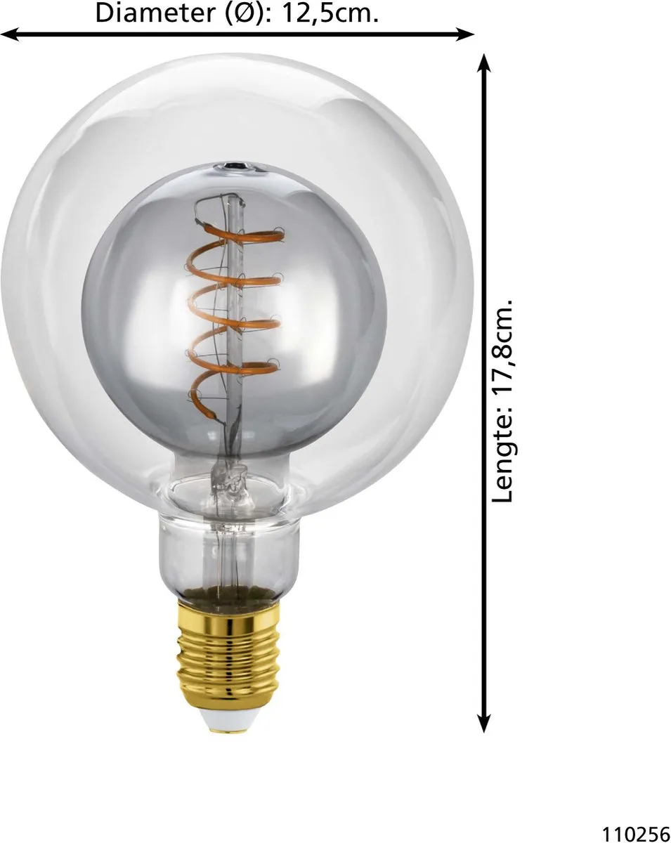 Eglo LED Lamp E27 G125 Ø12,5cm - Zwart/Rookglas 2000K