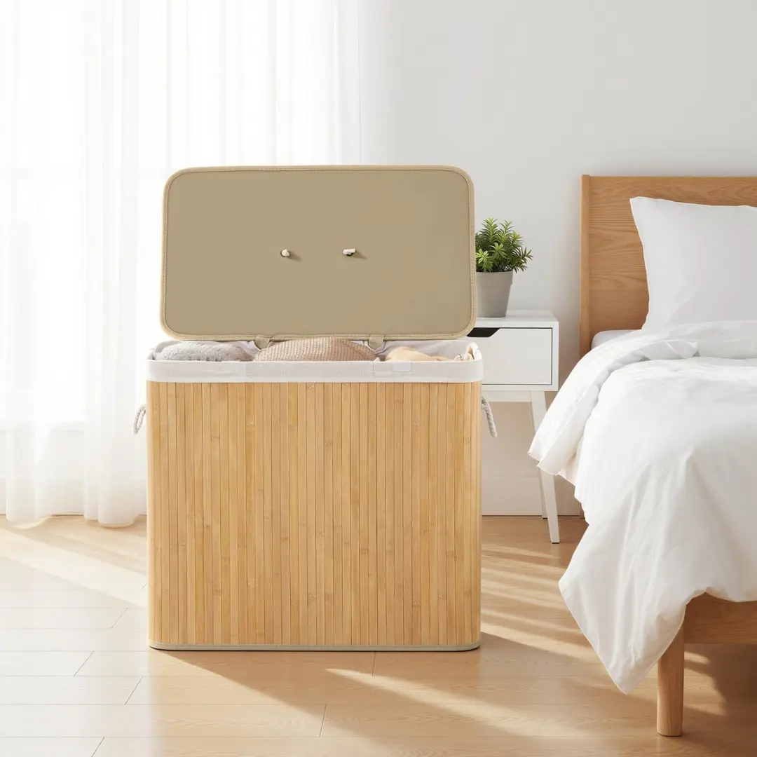 Songmics Wasmand met Deksel 170L - 3 Vakken Bamboe