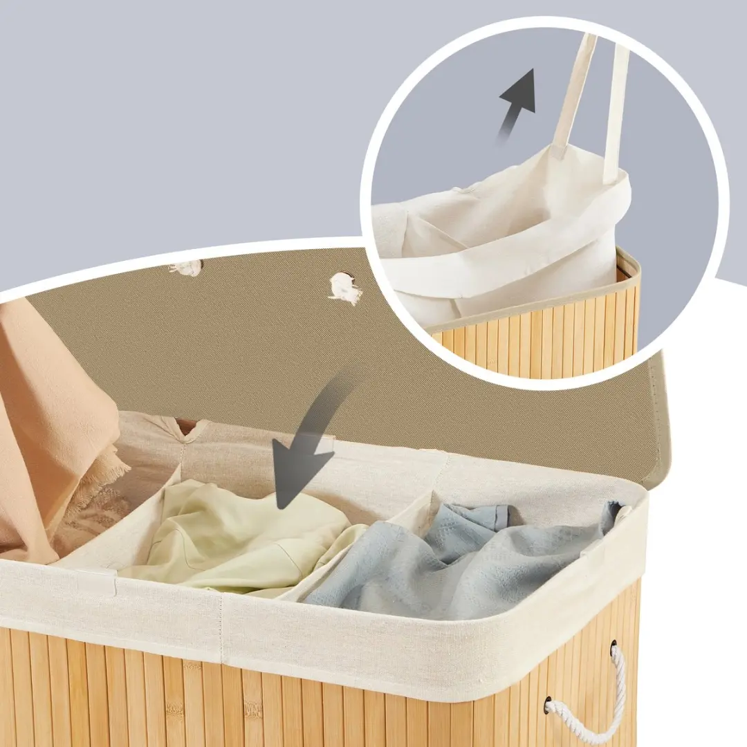 Songmics Wasmand met Deksel 170L - 3 Vakken Bamboe - afbeelding 6 van 6