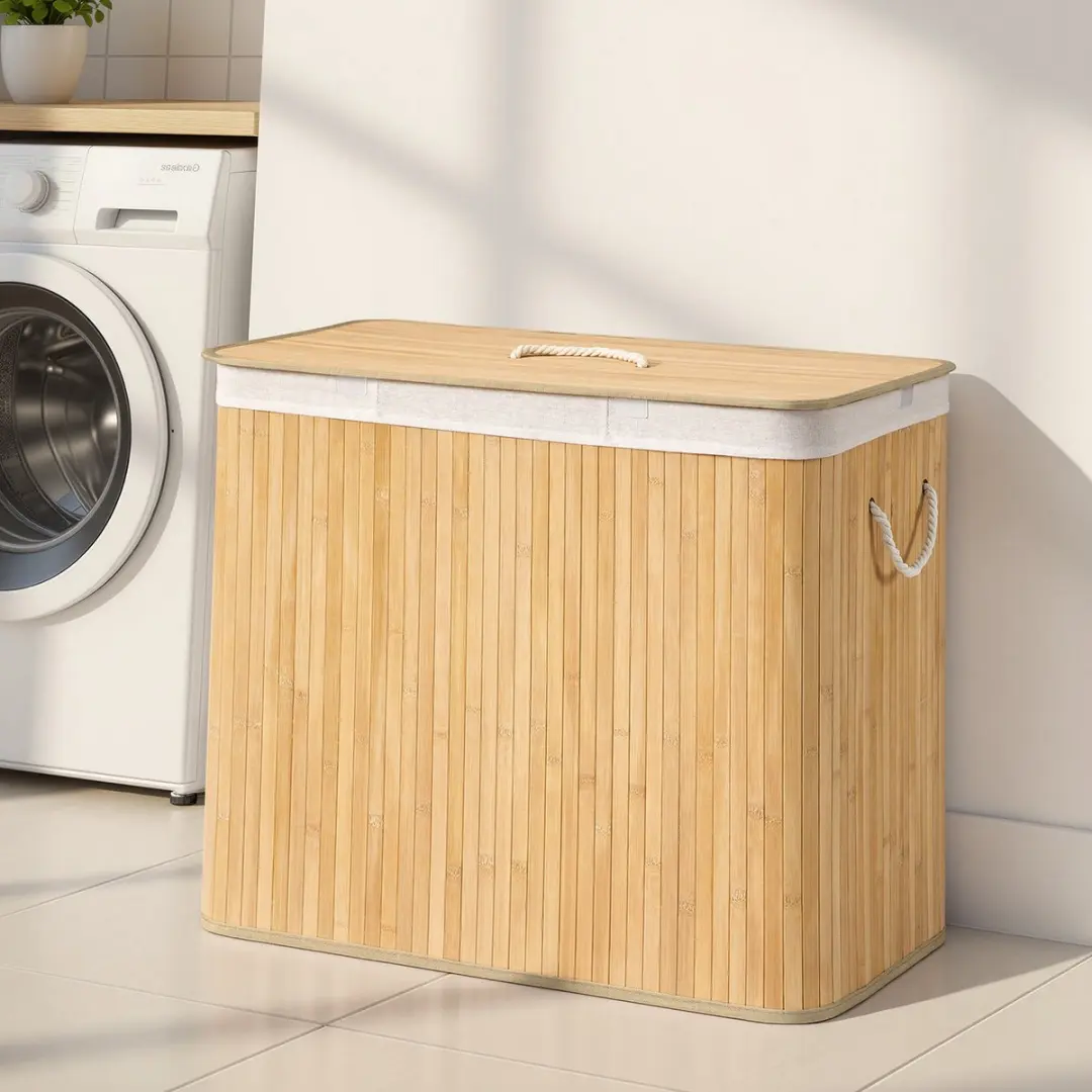 Songmics Wasmand met Deksel 170L - 3 Vakken Bamboe