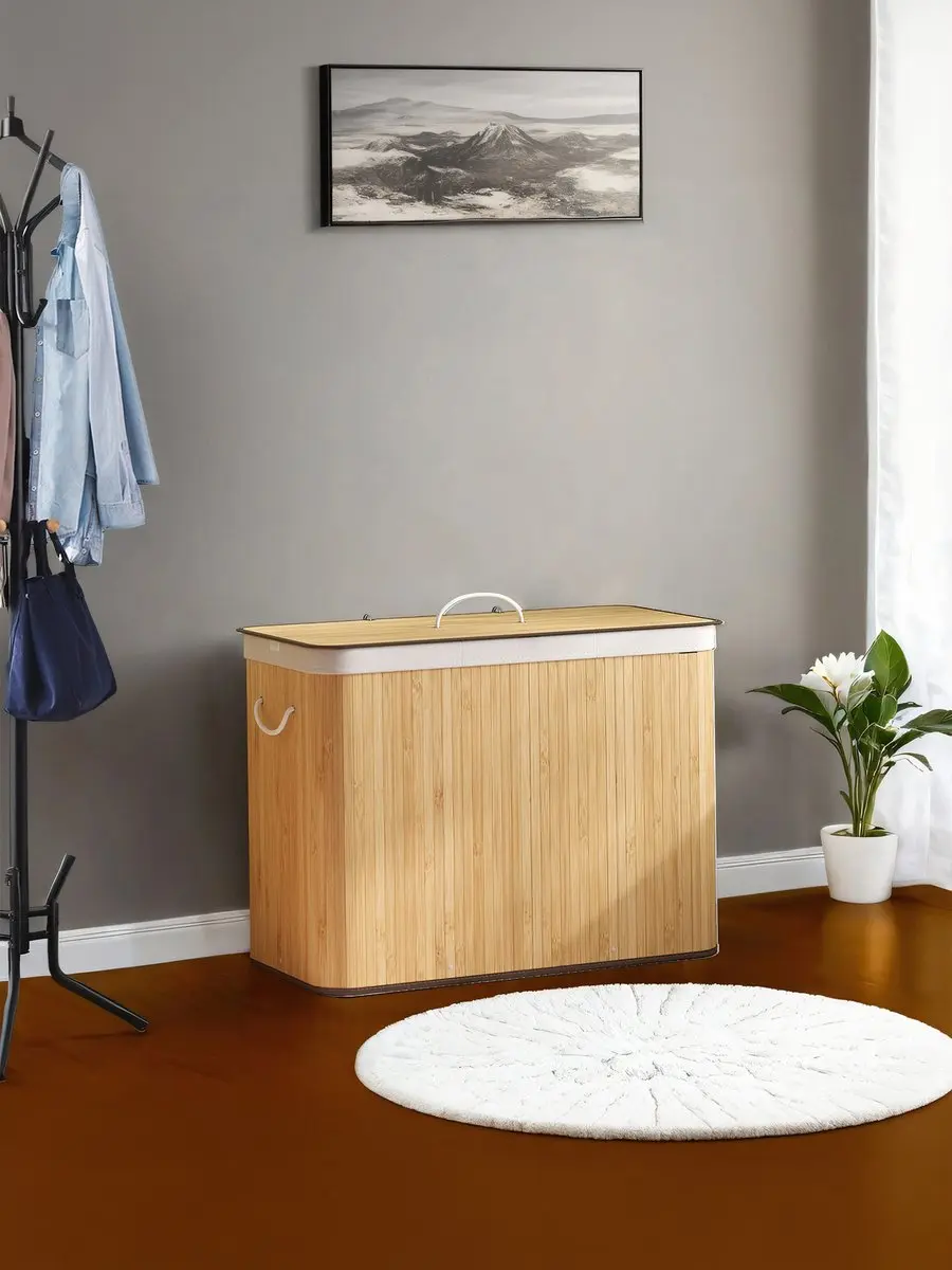 Songmics Wasmand met Deksel 170L - 3 Vakken Bamboe