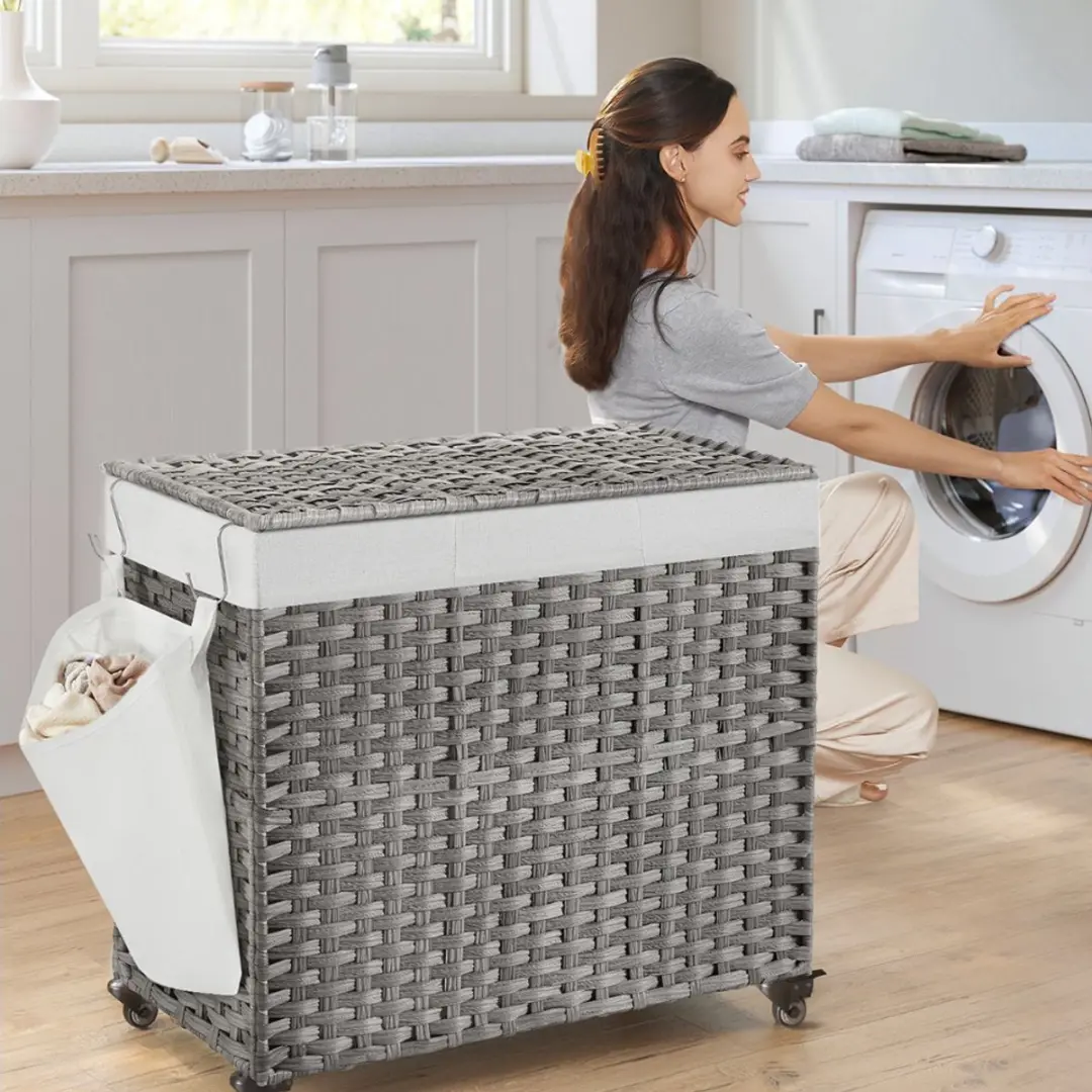 Songmics Wasmand 3 Vakken 160L - Grijs Rotan Look