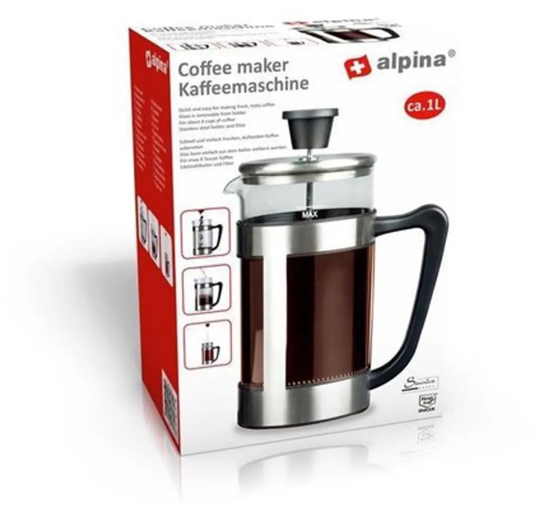 Alpina Cafetière 1L - 8 Kopjes - RVS/Glas/Zwart
