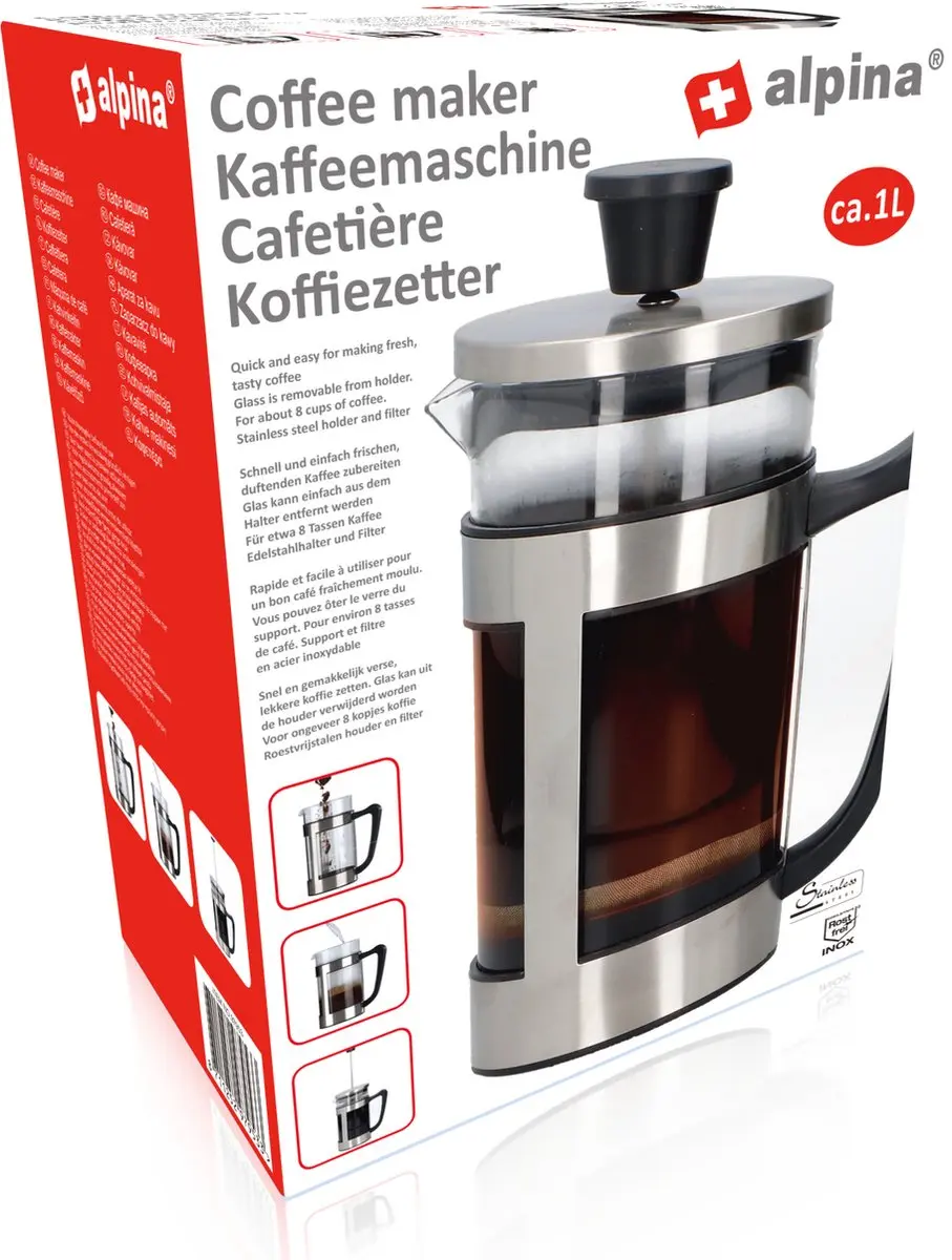 Alpina Cafetière 1L - 8 Kopjes - RVS/Glas/Zwart - afbeelding 6 van 6