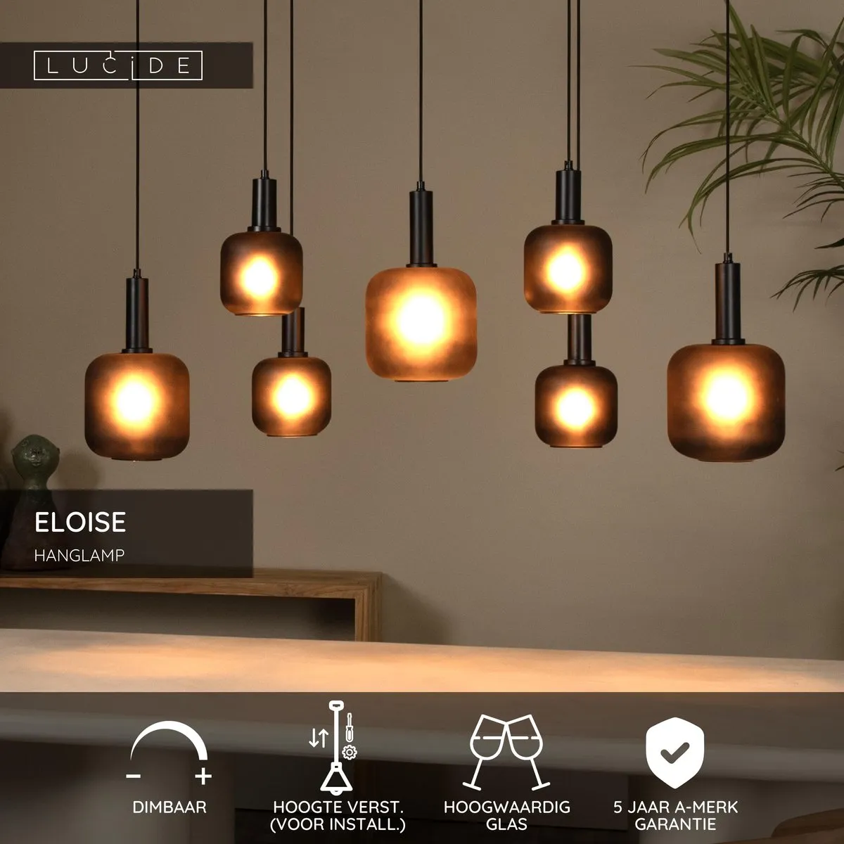 Lucide Eloise Hanglamp 7xE27 - Zwart - afbeelding 6 van 6