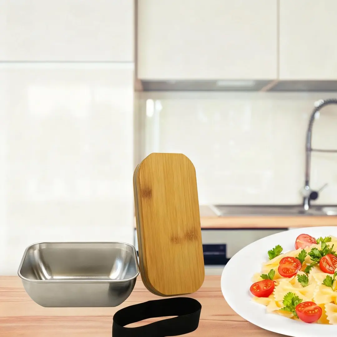 Fackelmann RVS Lunchbox 700ml - Magnetronbestendig - Zwart/Hout