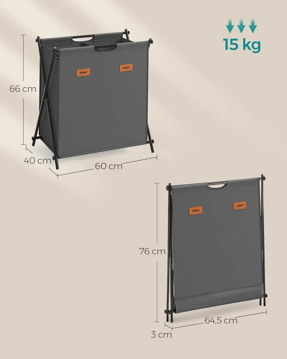 Songmics Wasmand 115L - 2 Compartimenten - Opvouwbaar - Grijs