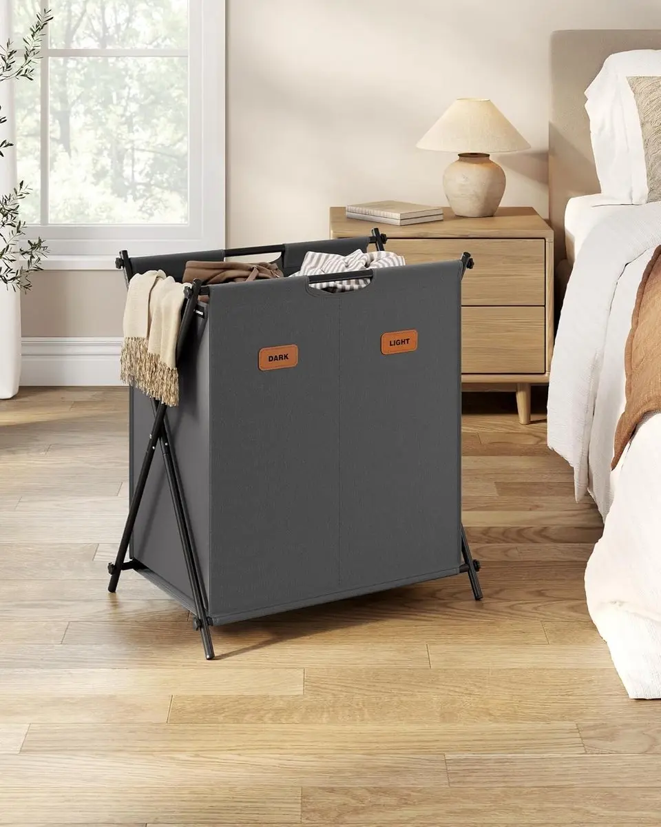 Songmics Wasmand 115L - 2 Compartimenten - Opvouwbaar - Grijs