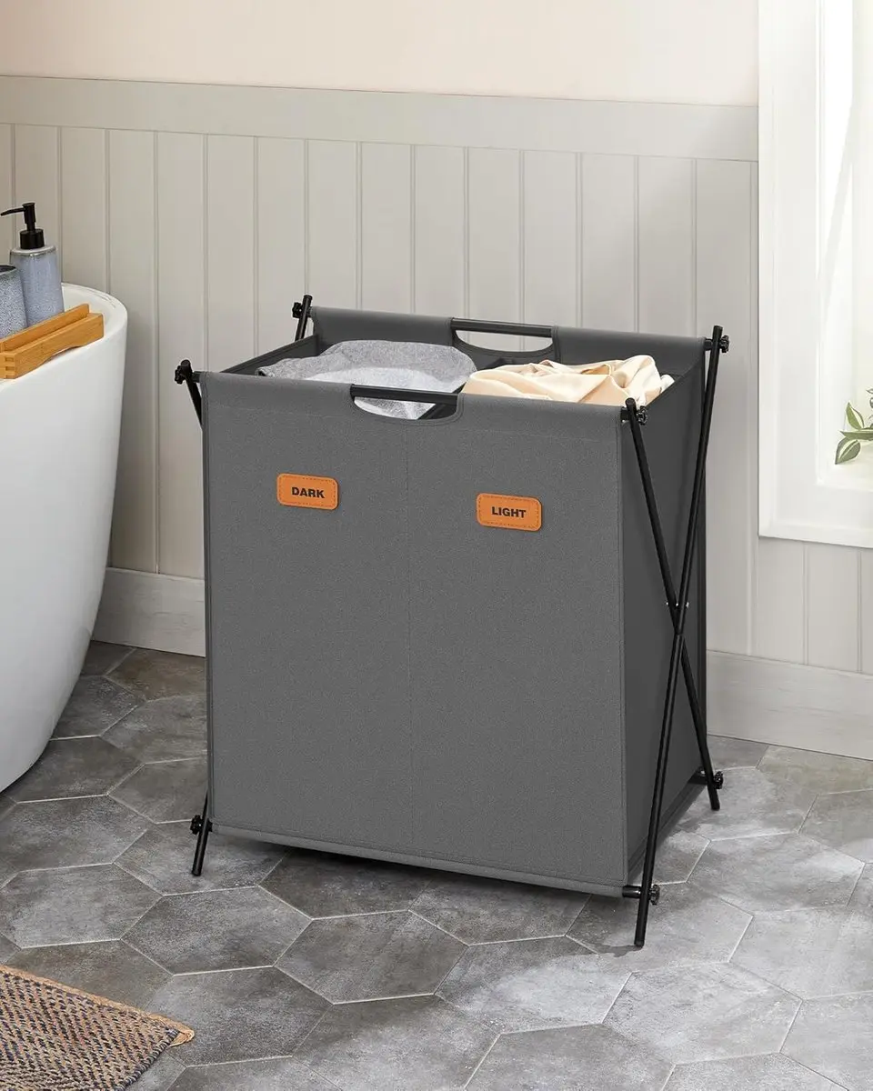 Songmics Wasmand 115L - 2 Compartimenten - Opvouwbaar - Grijs