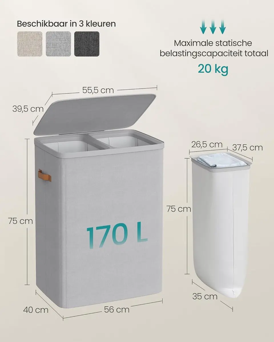 Songmics Wasmand 170L LCB813G01 - 2 Compartimenten - Duifgrijs