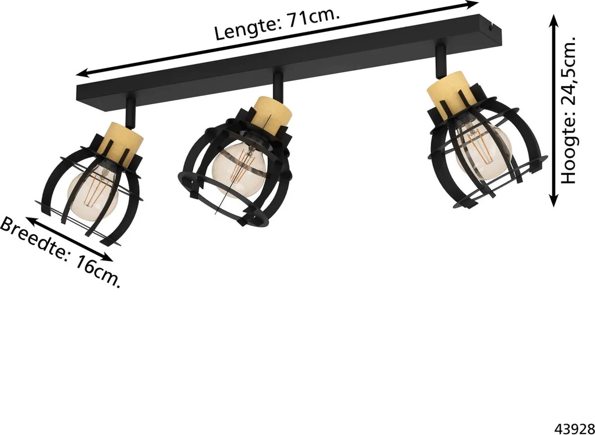 Eglo Stillington 1 Spot E27 Houten Plafondlamp 71cm - Zwart/Bruin - afbeelding 6 van 6