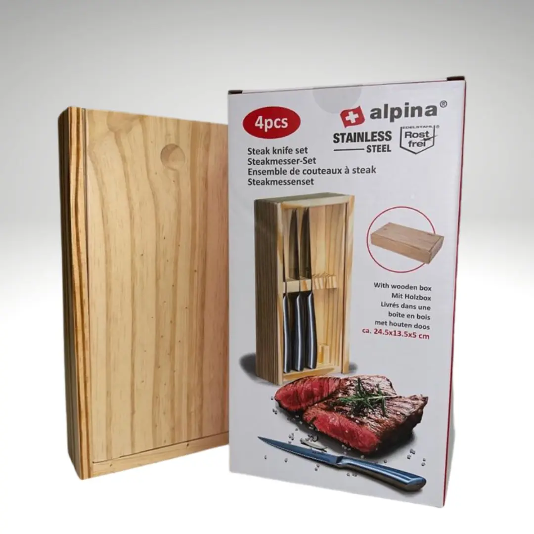 Alpina Steakmessenset 4-delig RVS - Inclusief houten opbergbox