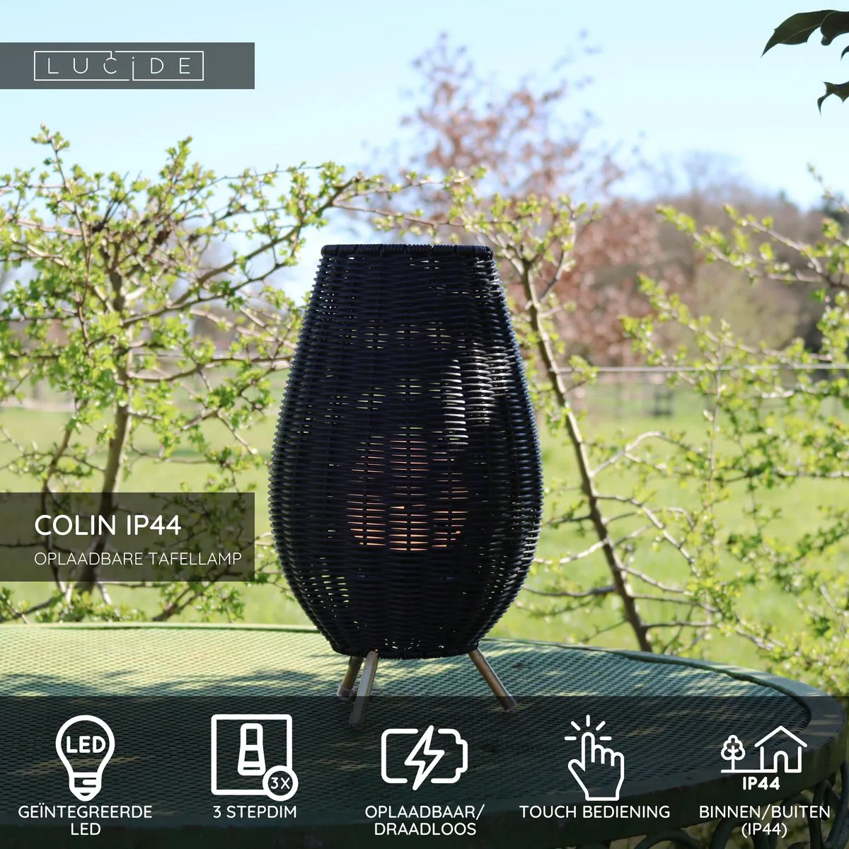 Lucide COLIN IP44 Oplaadbare Tafellamp - 3W 3000K - Zwart