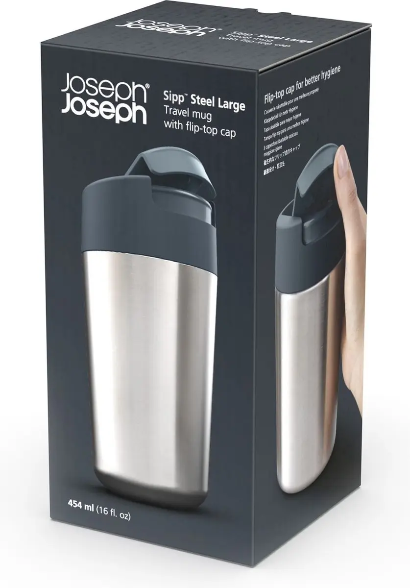 Joseph Joseph Flip Top Drinkbeker 454ml - Zilver