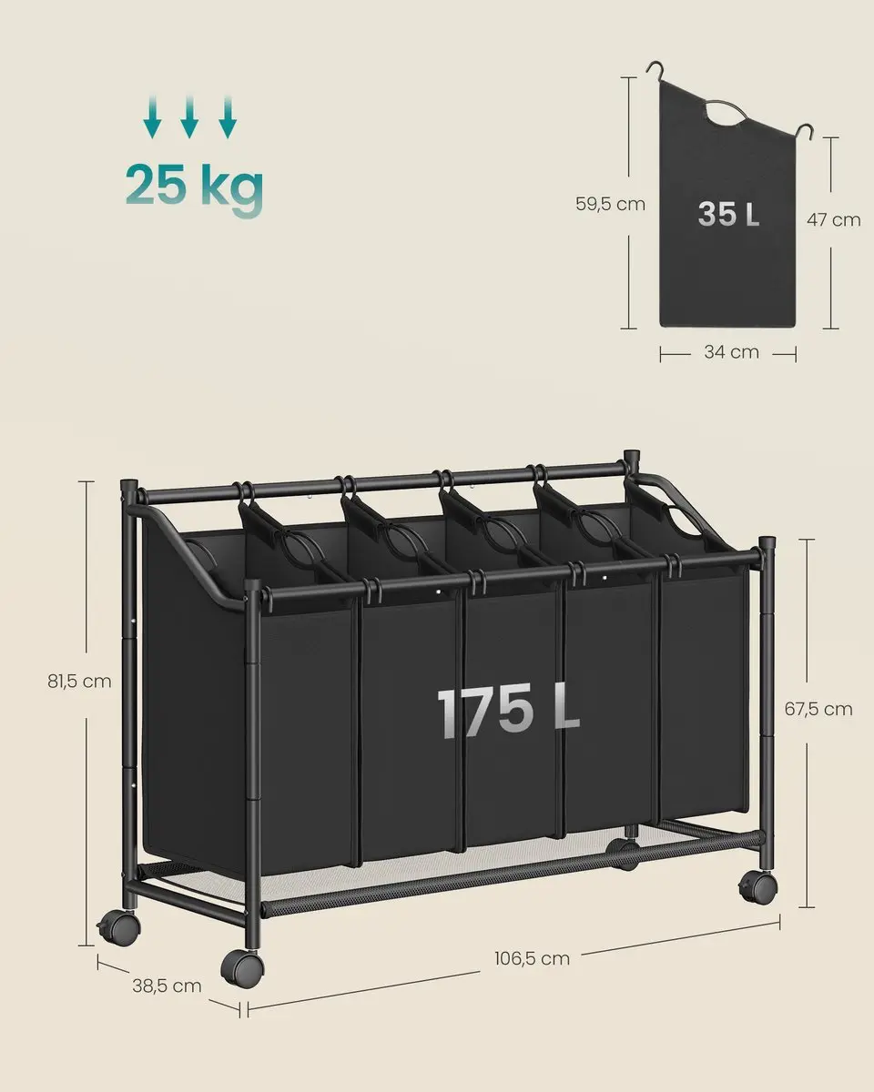 Songmics Wasmand met Wieltjes RLS103B01 - 175L - 4 Zakken
