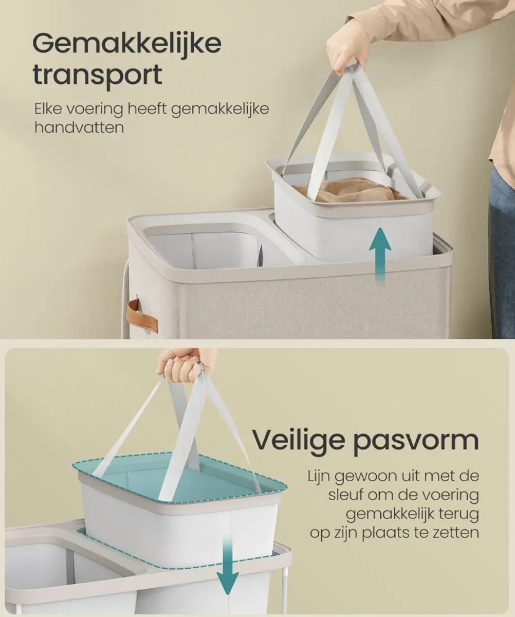 Songmics Wasmand 170L met Deksel - 2 Vakken - 56x40x75cm
