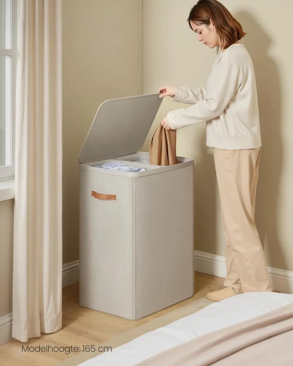 Songmics Wasmand 170L met Deksel - 2 Vakken - 56x40x75cm