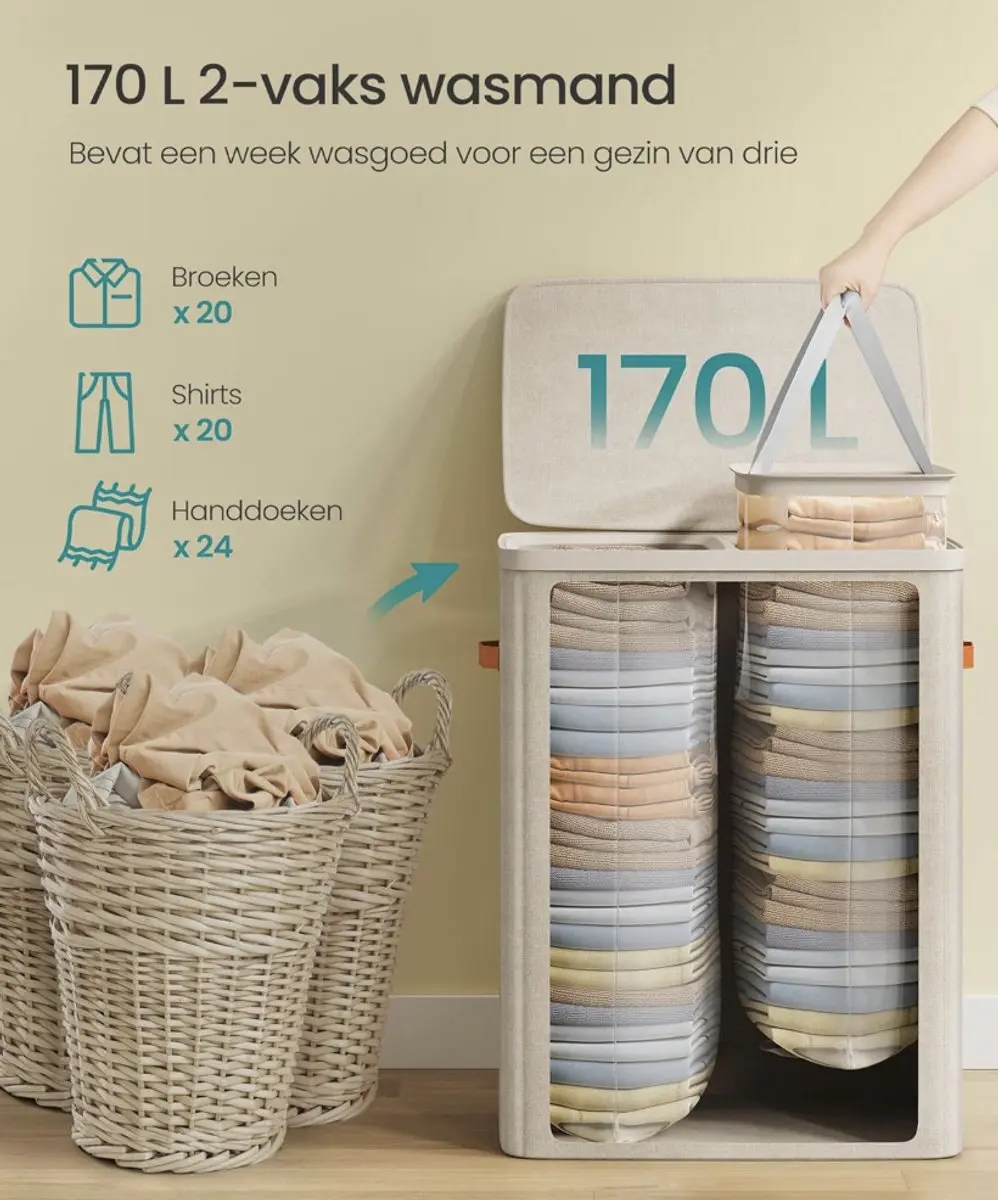Songmics Wasmand 170L met Deksel - 2 Vakken - 56x40x75cm