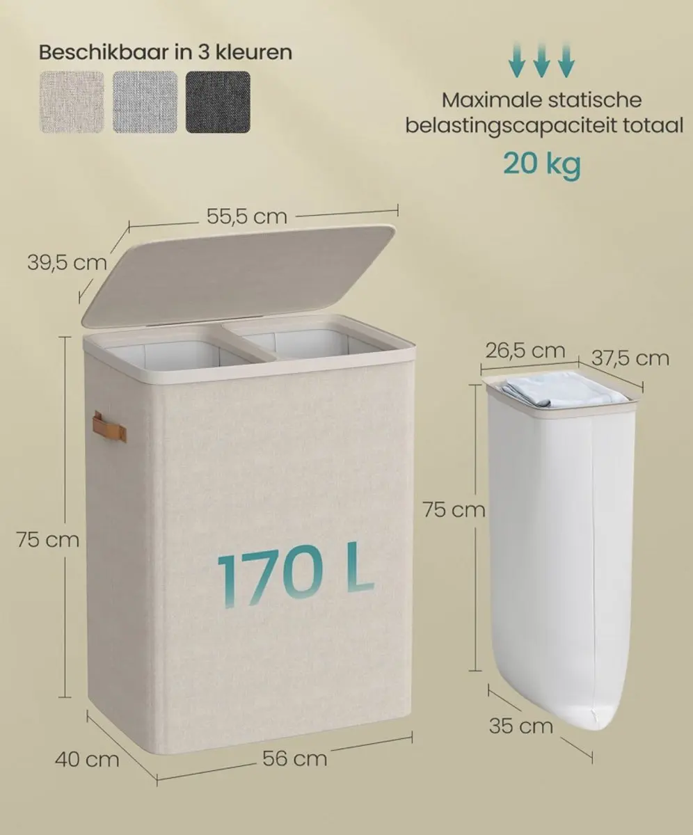 Songmics Wasmand 170L met Deksel - 2 Vakken - 56x40x75cm