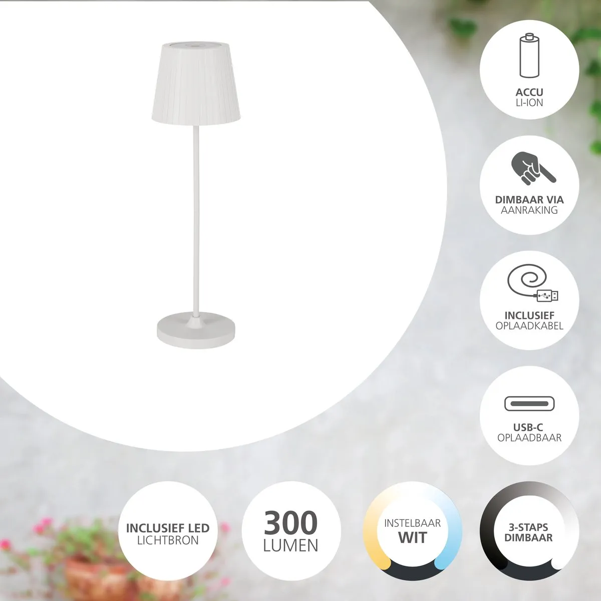 Eglo Cabozo Oplaadbare LED Tafellamp 37cm - Wit - Dimbaar