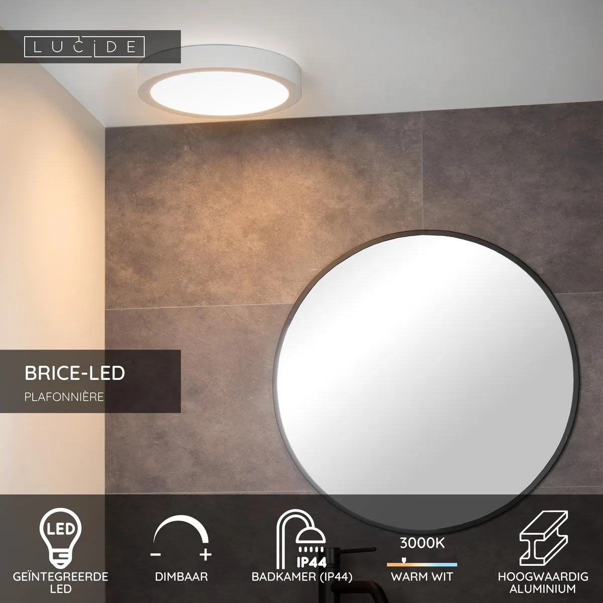 Lucide BRICE-LED Plafondlamp Badkamer Ø30cm - LED 3000K IP44 - Wit