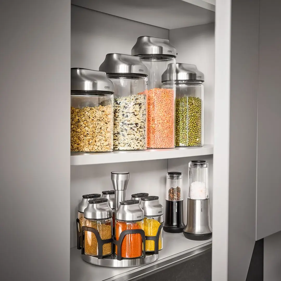 GEFU KIPPO Voorraadbus 1,3L - Borosilicaatglas - RVS/Transparant