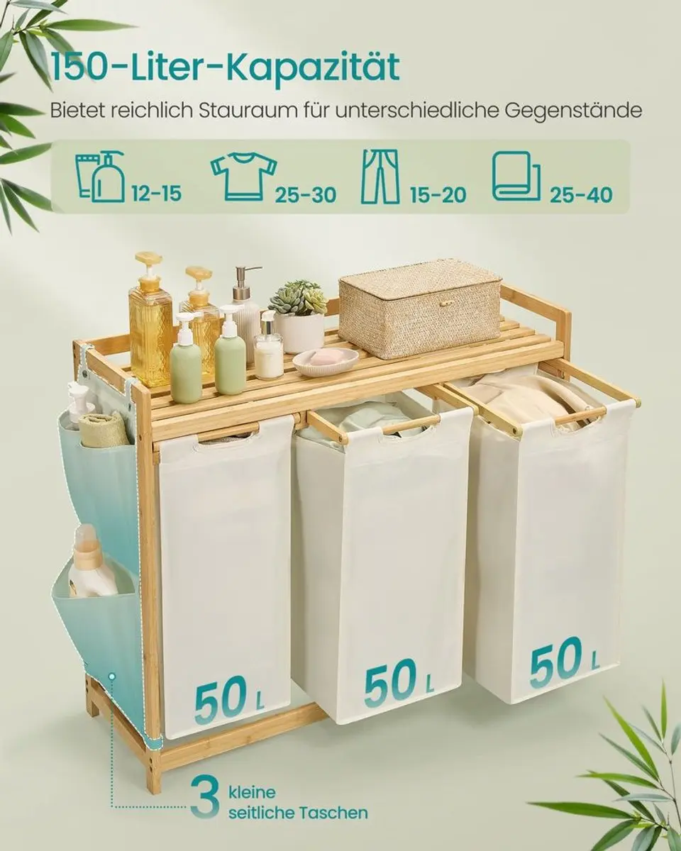 Songmics Wasmand 3 Vakken 150L - 94x33x78cm Crèmewit