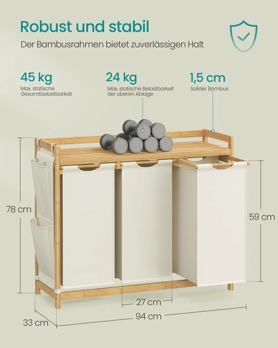 Songmics Wasmand 3 Vakken 150L - 94x33x78cm Crèmewit