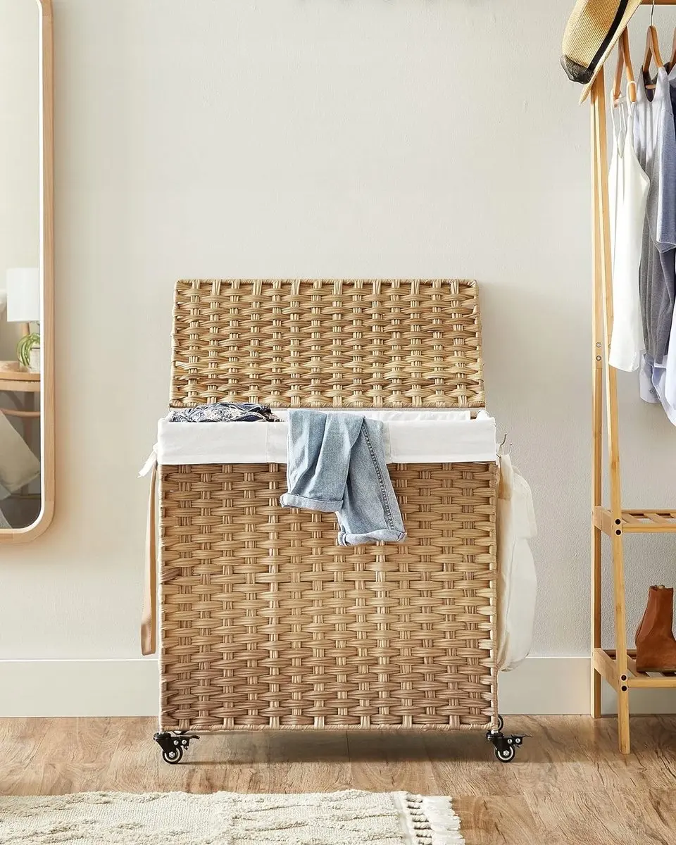 Songmics Wasmand 140L - 3 Compartimenten Op Wielen Natuurlijk