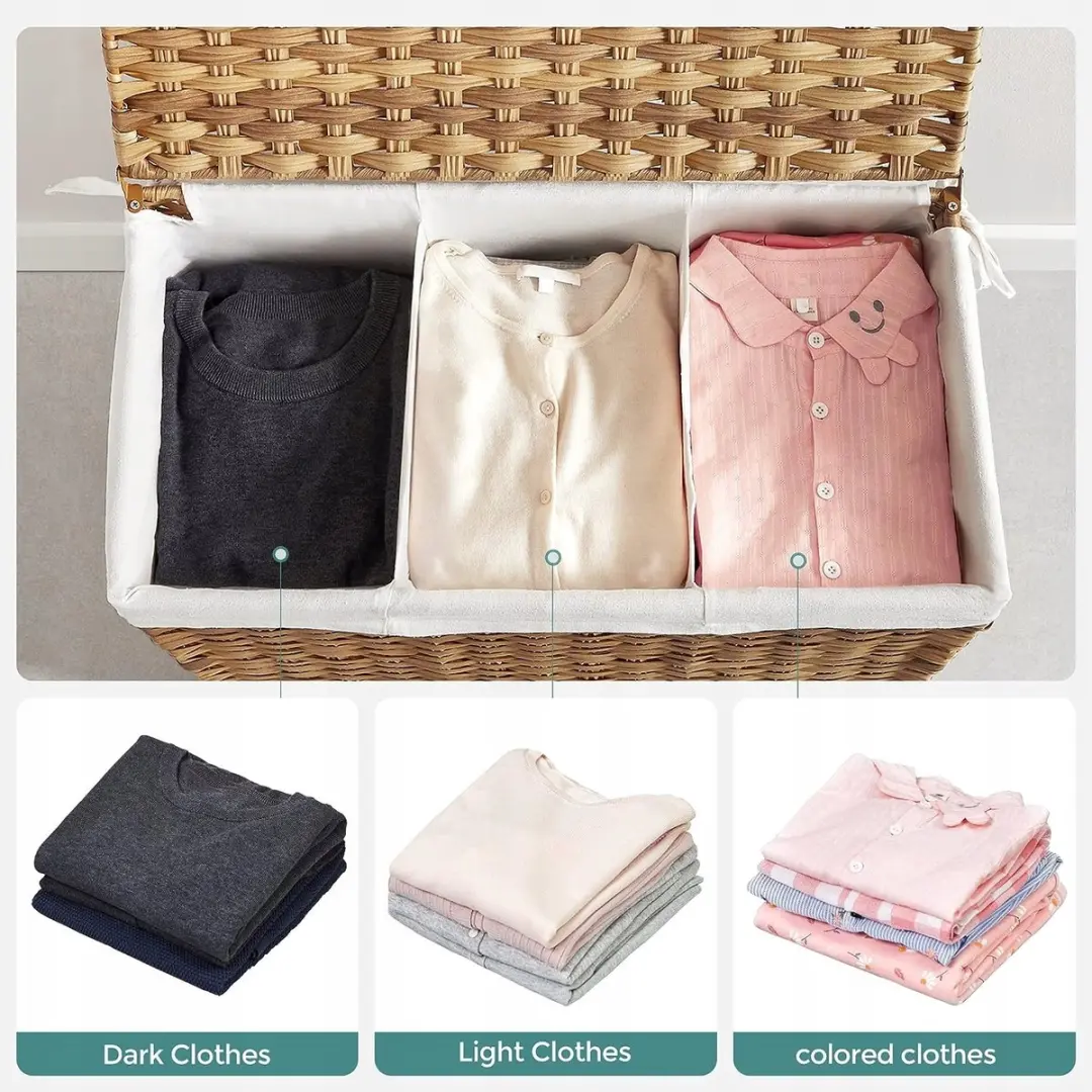 Songmics Wasmand 140L - 3 Compartimenten Op Wielen Natuurlijk