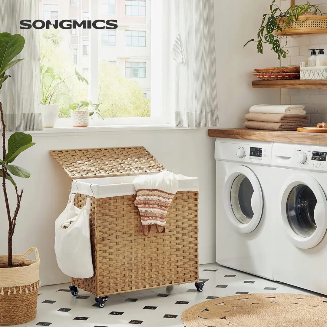 Songmics Wasmand 140L - 3 Compartimenten Op Wielen Natuurlijk
