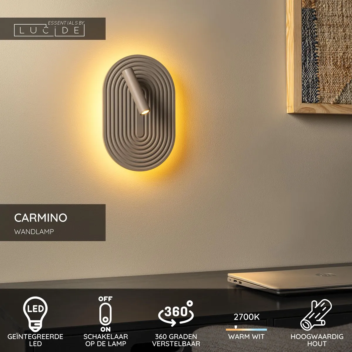 Lucide Carmino Wandlamp LED 9.8W - Taupe